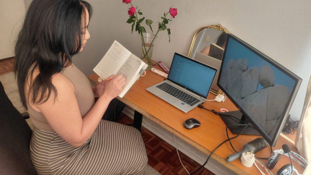 Woman reflecting on life and career while balancing a 9-to-5 job